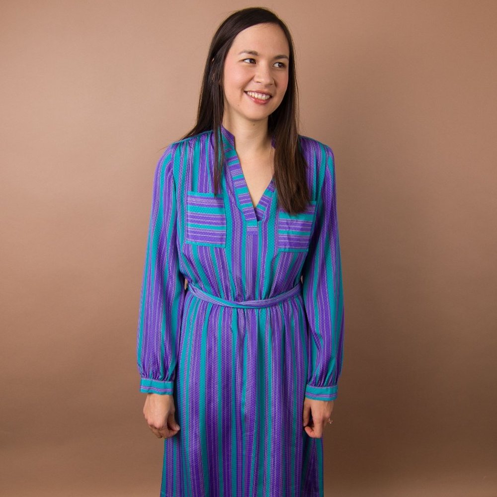 Retro Vibrant Striped Satin Long Sleeve Midi Dress Barbiecore